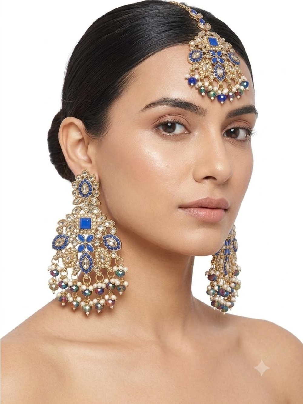 Indian Style Gold-Tone Blue Statement Earrings and Maang Tikka Set